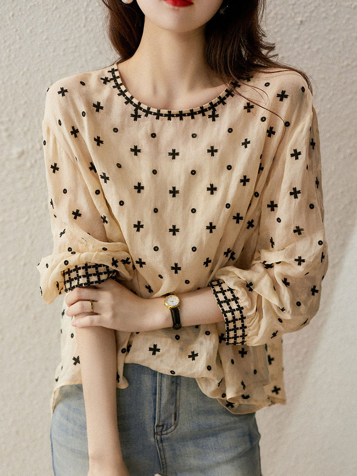 Sophie Dames Elegante Blouse – Moderne lenteblouse met O-hals, lange mouwen en subtiele print