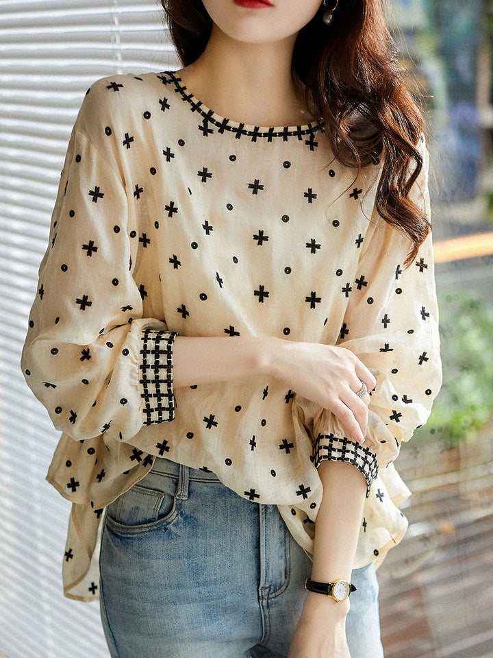 Sophie Dames Elegante Blouse – Moderne lenteblouse met O-hals, lange mouwen en subtiele print