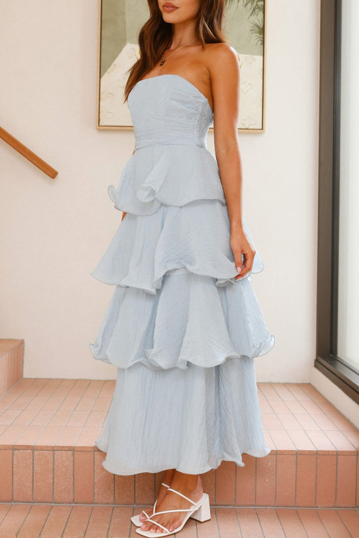 Suze – Strapless Gelaagde Midi Jurk met Smock Detail