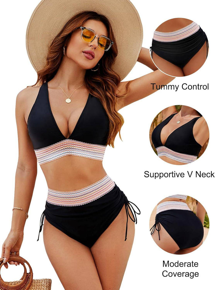 High-waisted bikiniset met buikcontrole en kleurblokdesign