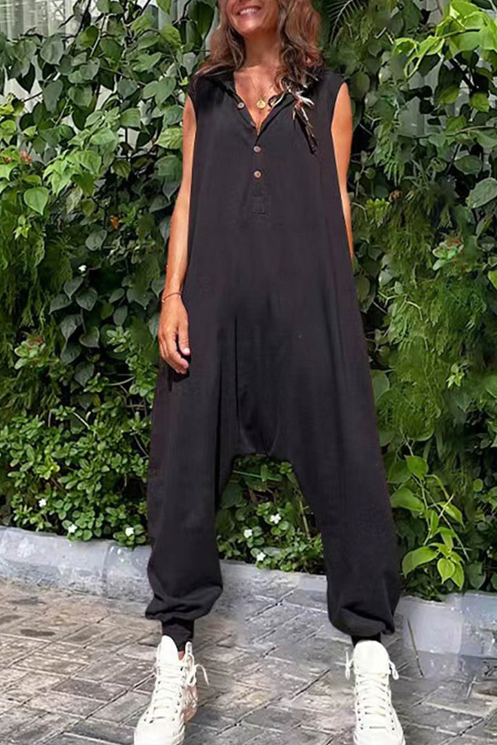 Bo – Mouwloze Hoodie Jumpsuit met Knoopsluiting