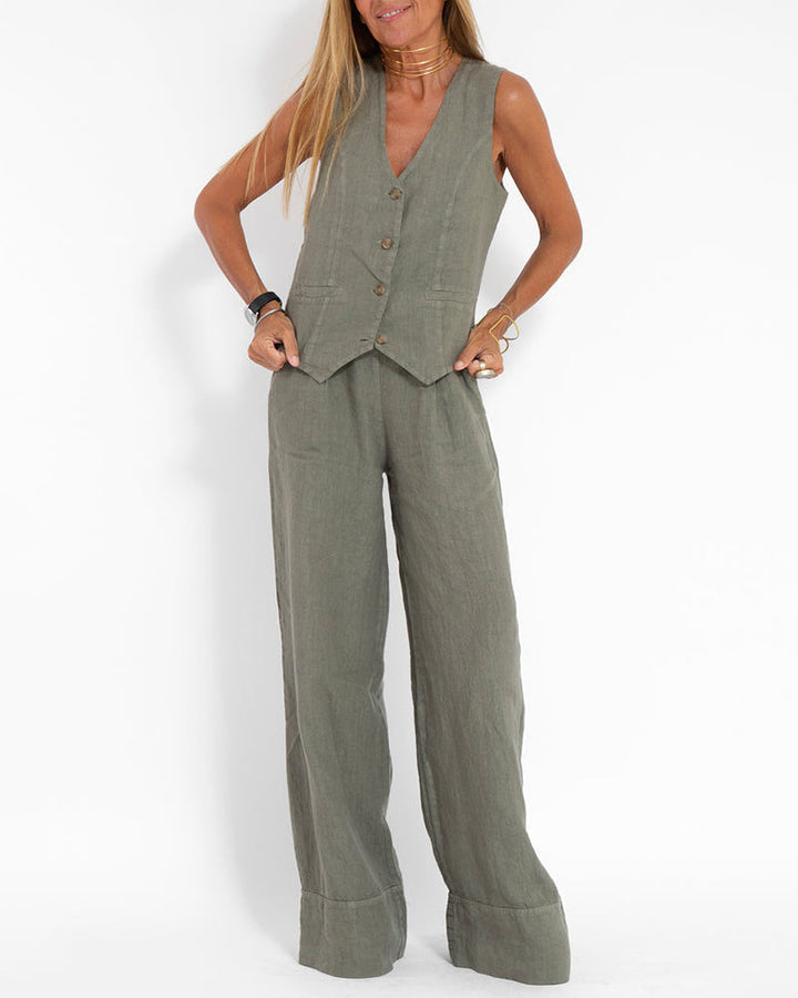 Tess - Dames Tweedelige Set - Mouwloos Vest en Wijde Broek voor een Trendy Look