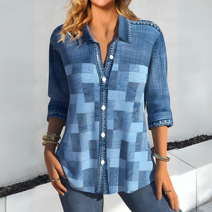Lysanne Dames Blouse – Casual overhemd met blokkenmotief en knoopsluiting
