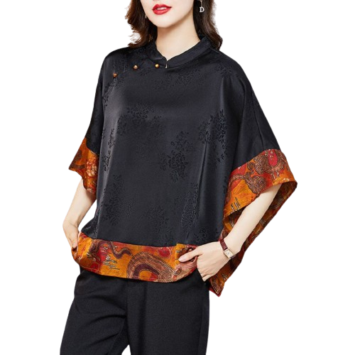 Mireille Dames Blouse – Elegant Japans stijlhemd met ronde hals en luxe print