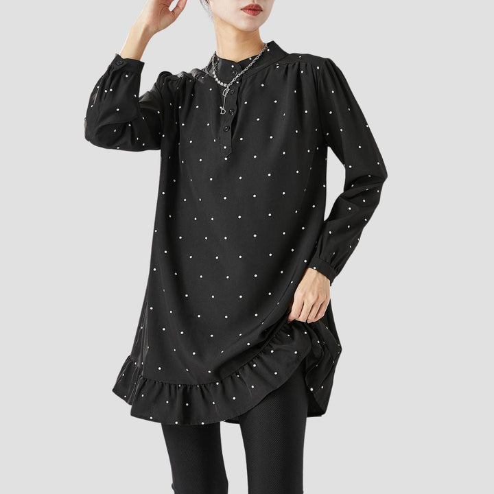 Felice Dames Tuniek – Lange zwart-witte polka-dot blouse met ronde hals en lange mouwen