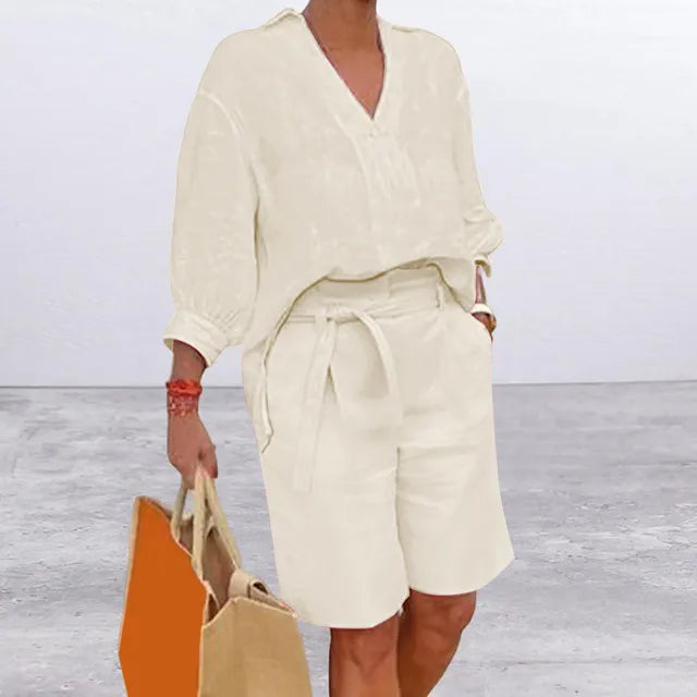 Mila - Dames Casual Set - Blouse en Shorts met Strikriem en V-hals