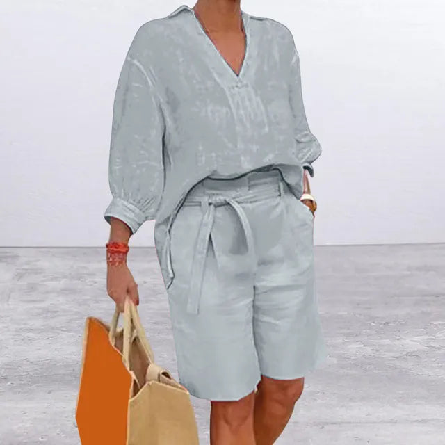 Mila - Dames Casual Set - Blouse en Shorts met Strikriem en V-hals