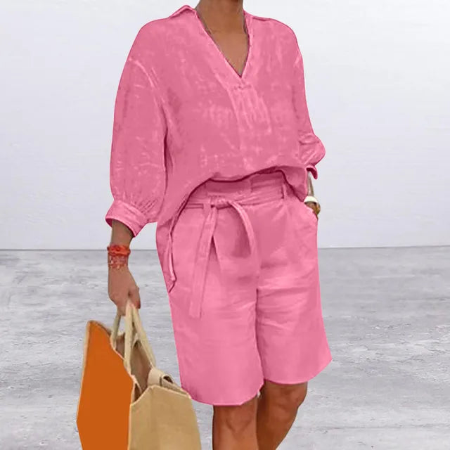 Mila - Dames Casual Set - Blouse en Shorts met Strikriem en V-hals