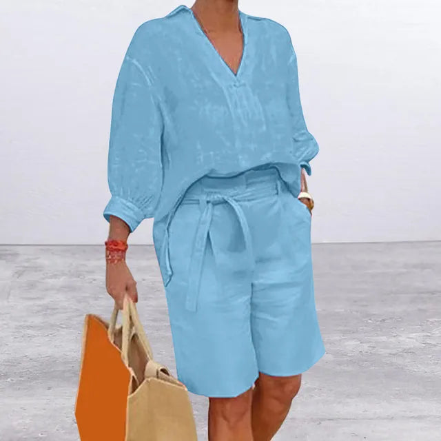 Mila - Dames Casual Set - Blouse en Shorts met Strikriem en V-hals