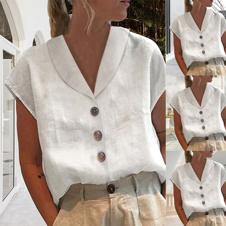 Linnen-katoenen zomerblouse met envelophals en elegante knopen