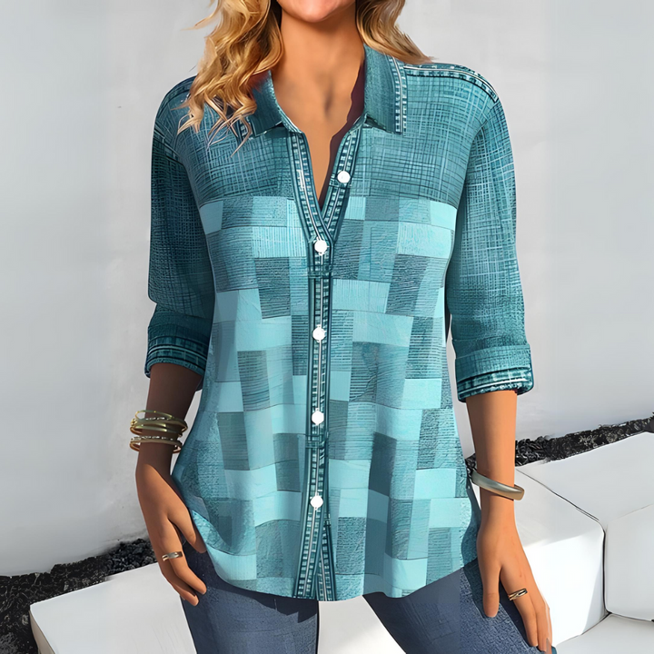 Lysanne Dames Blouse – Casual overhemd met blokkenmotief en knoopsluiting