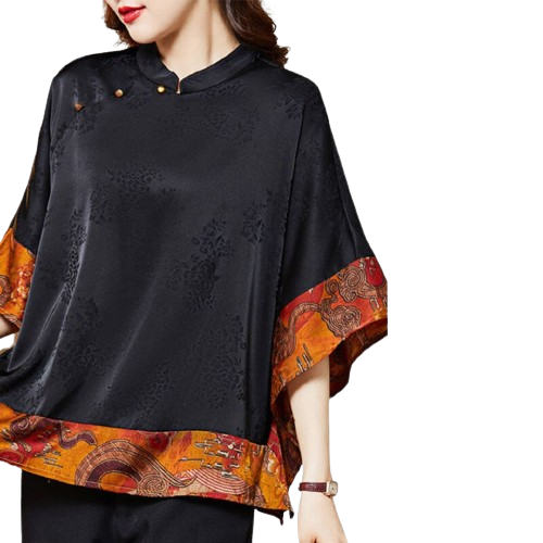 Mireille Dames Blouse – Elegant Japans stijlhemd met ronde hals en luxe print