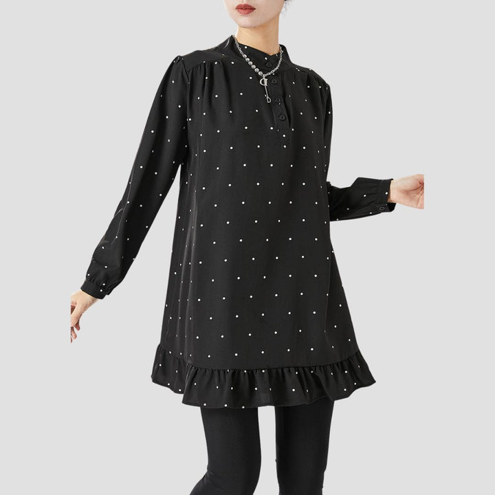 Felice Dames Tuniek – Lange zwart-witte polka-dot blouse met ronde hals en lange mouwen