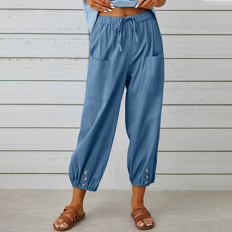 Damesbroek met elastische tailleband en knoopdetails – comfortabel, stijlvol en praktisch