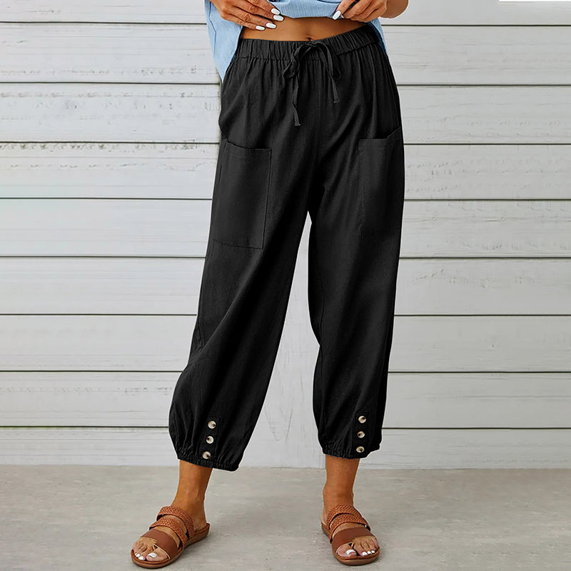 Damesbroek met elastische tailleband en knoopdetails – comfortabel, stijlvol en praktisch