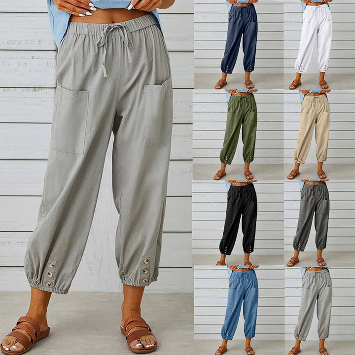 Damesbroek met elastische tailleband en knoopdetails – comfortabel, stijlvol en praktisch