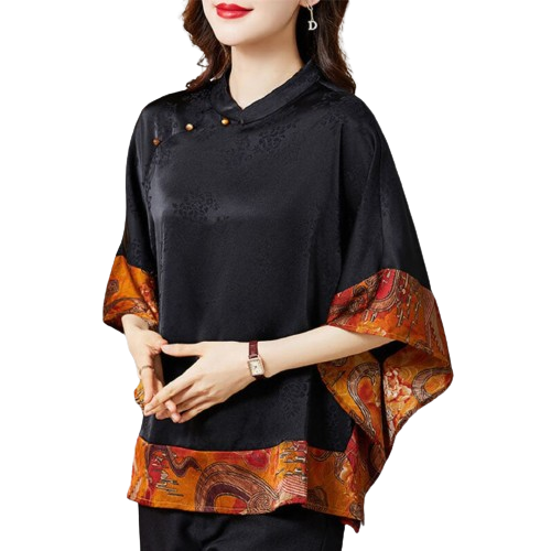 Mireille Dames Blouse – Elegant Japans stijlhemd met ronde hals en luxe print