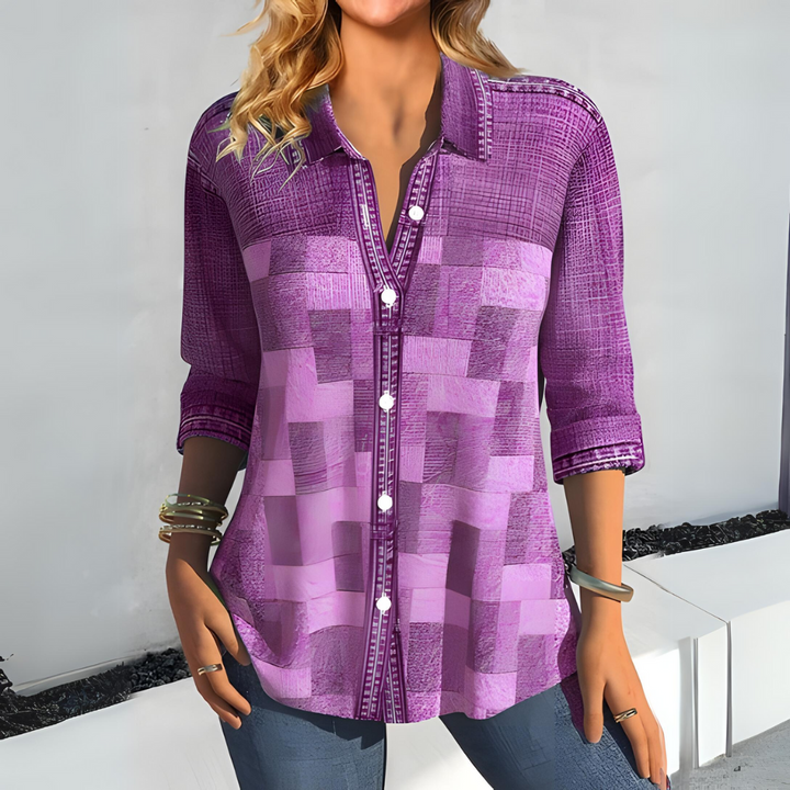 Lysanne Dames Blouse – Casual overhemd met blokkenmotief en knoopsluiting