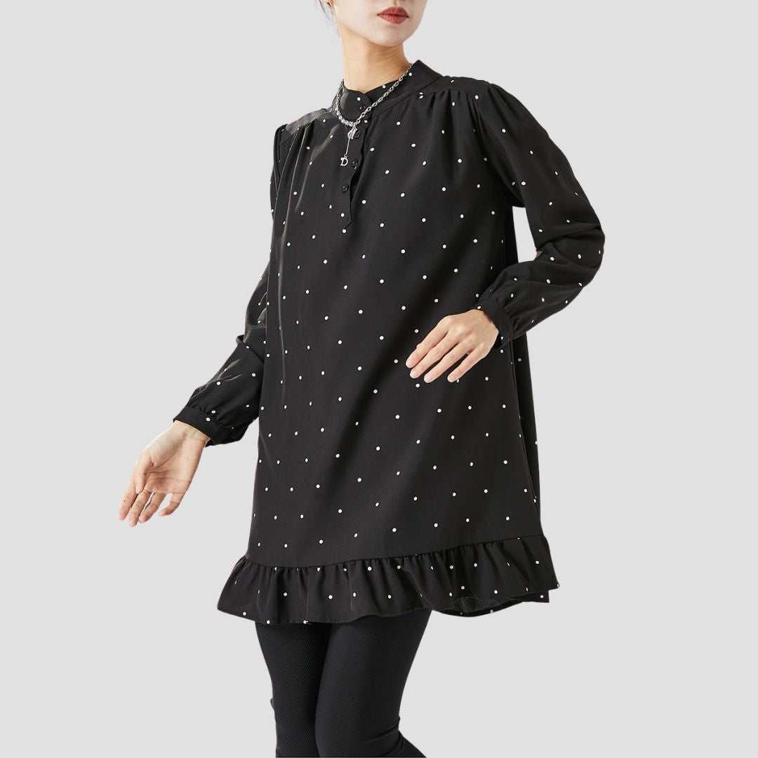 Felice Dames Tuniek – Lange zwart-witte polka-dot blouse met ronde hals en lange mouwen