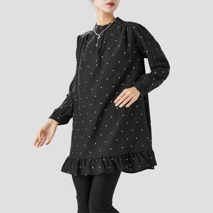 Felice Dames Tuniek – Lange zwart-witte polka-dot blouse met ronde hals en lange mouwen