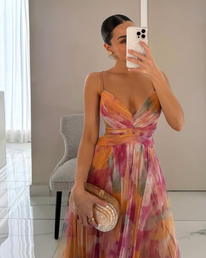 Zomerjurk met open rug, gedrapeerde taille en bloemenprint