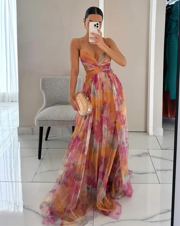 Zomerjurk met open rug, gedrapeerde taille en bloemenprint
