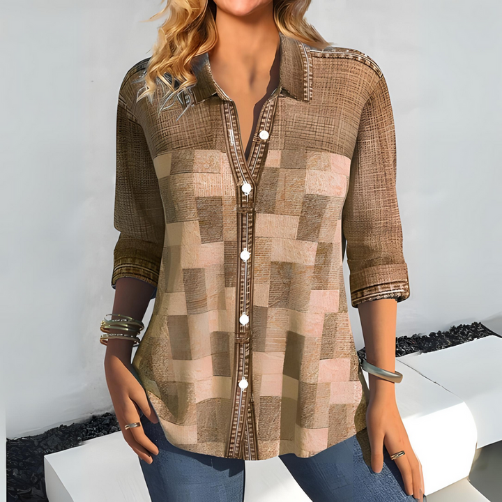 Lysanne Dames Blouse – Casual overhemd met blokkenmotief en knoopsluiting