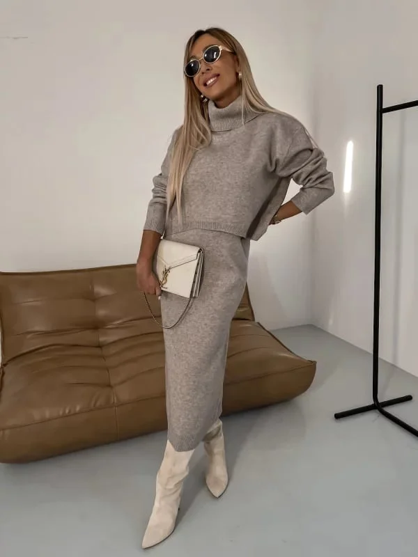 Fenna - Dames Elegante Set - Jurk en Trui met Kraag voor een Klassieke Stijl
