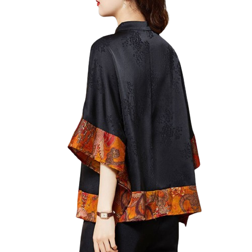 Mireille Dames Blouse – Elegant Japans stijlhemd met ronde hals en luxe print