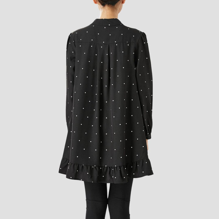 Felice Dames Tuniek – Lange zwart-witte polka-dot blouse met ronde hals en lange mouwen