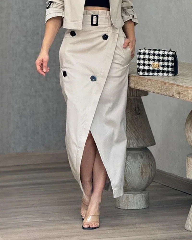 Zoë - Dames Tweedelige Set - Jasje met Reverskraag en Midirok in Effen Kleur