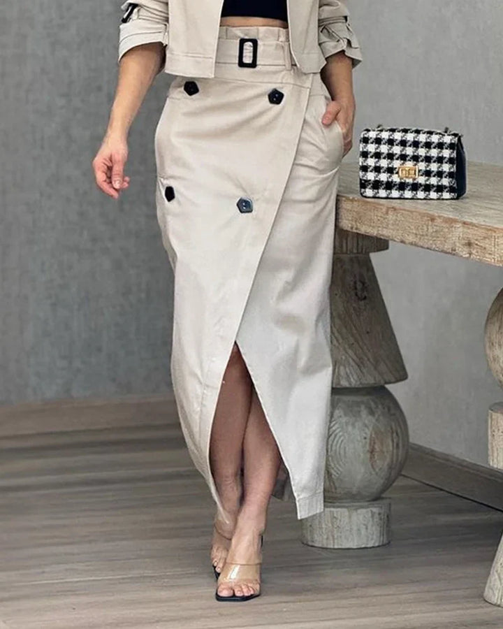 Zoë - Dames Tweedelige Set - Jasje met Reverskraag en Midirok in Effen Kleur