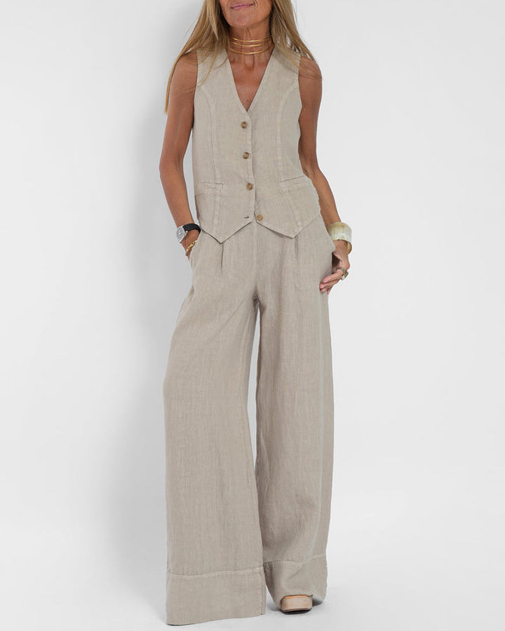 Tess - Dames Tweedelige Set - Mouwloos Vest en Wijde Broek voor een Trendy Look