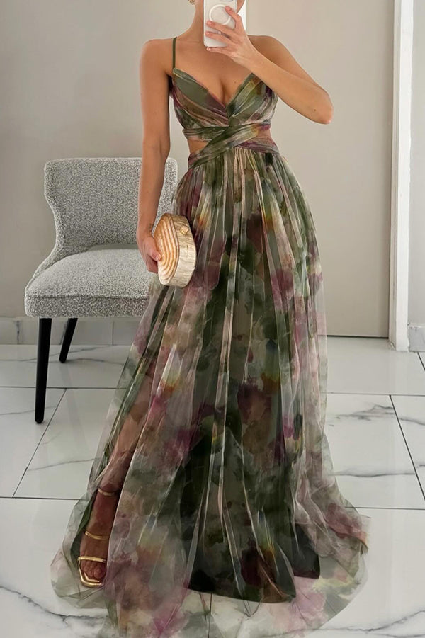 Zomerjurk met open rug, gedrapeerde taille en bloemenprint