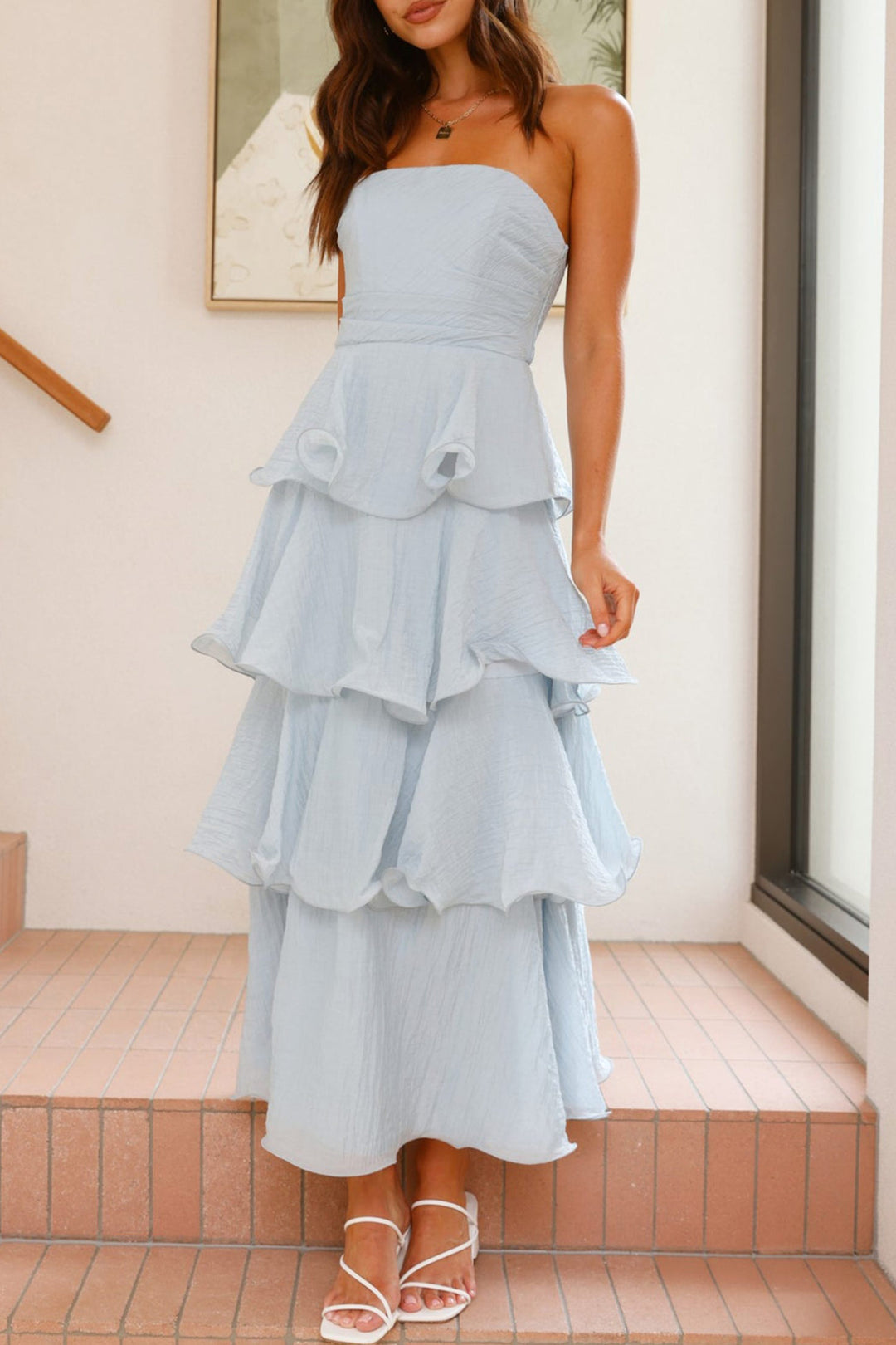 Suze – Strapless Gelaagde Midi Jurk met Smock Detail