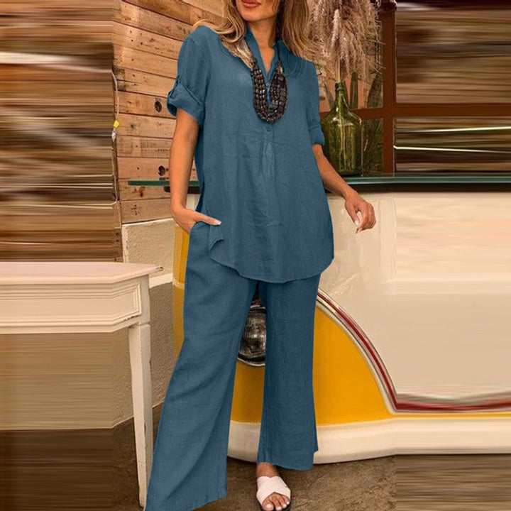 Sophie - Dames Blouse en Broek Set - Effen V-hals voor een Klassieke Look