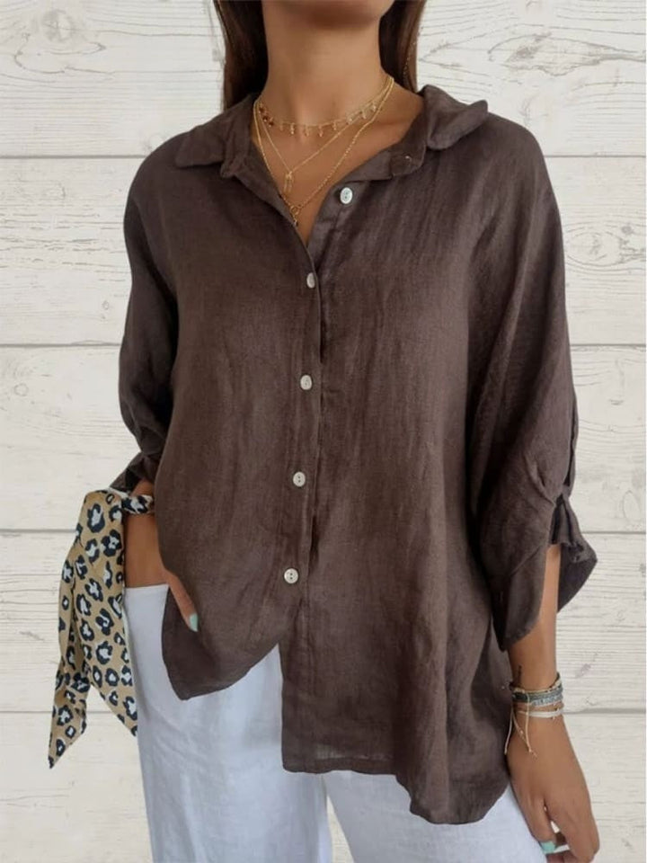 Linnen damesblouse met V-hals en strikdetail – stijlvol, luchtig en tijdloos