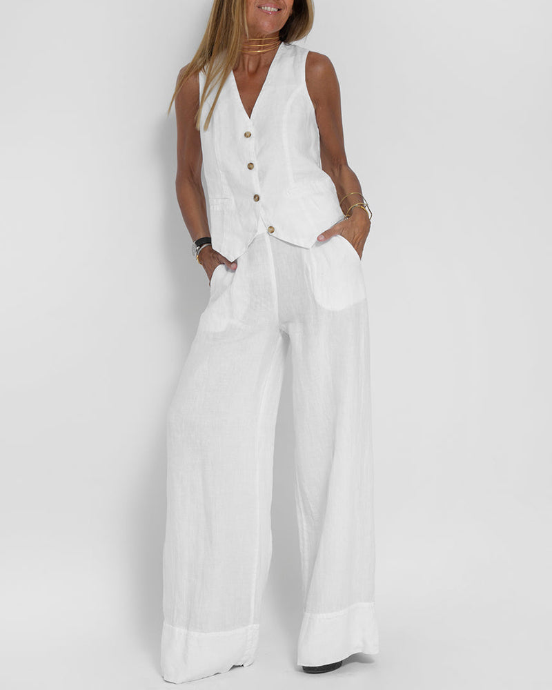 Tess - Dames Tweedelige Set - Mouwloos Vest en Wijde Broek voor een Trendy Look