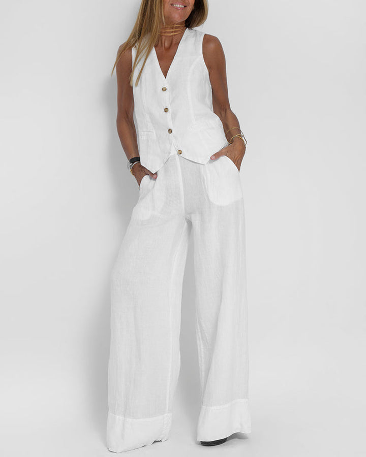 Tess - Dames Tweedelige Set - Mouwloos Vest en Wijde Broek voor een Trendy Look