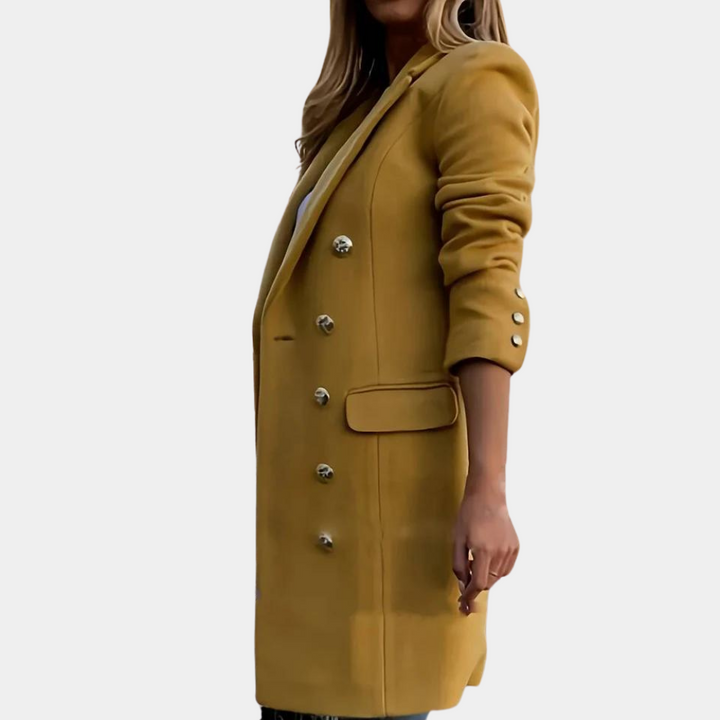 Léa | Gestructureerde wollenmix herfst trenchcoat voor dames met gouden knopen en getailleerde pasvorm