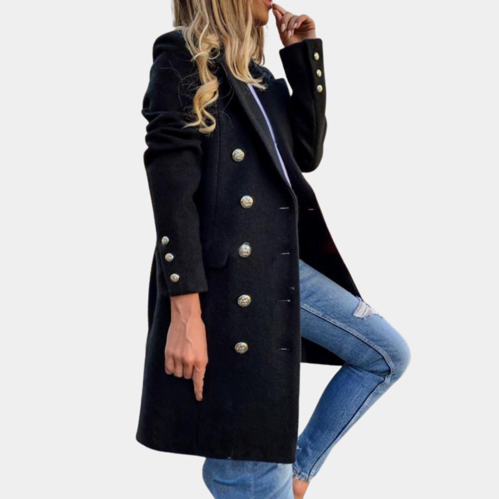 Léa | Gestructureerde wollenmix herfst trenchcoat voor dames met gouden knopen en getailleerde pasvorm