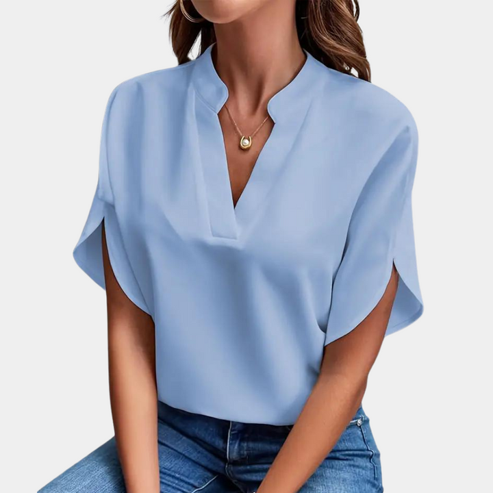 Effen damesblouse met V-hals en korte mouwen – stijlvol, luchtig en veelzijdig