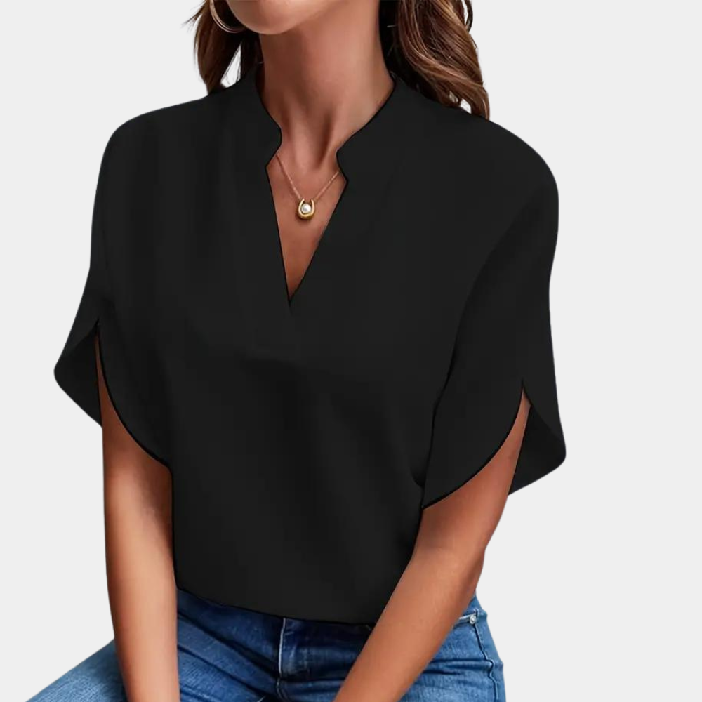 Effen damesblouse met V-hals en korte mouwen – stijlvol, luchtig en veelzijdig
