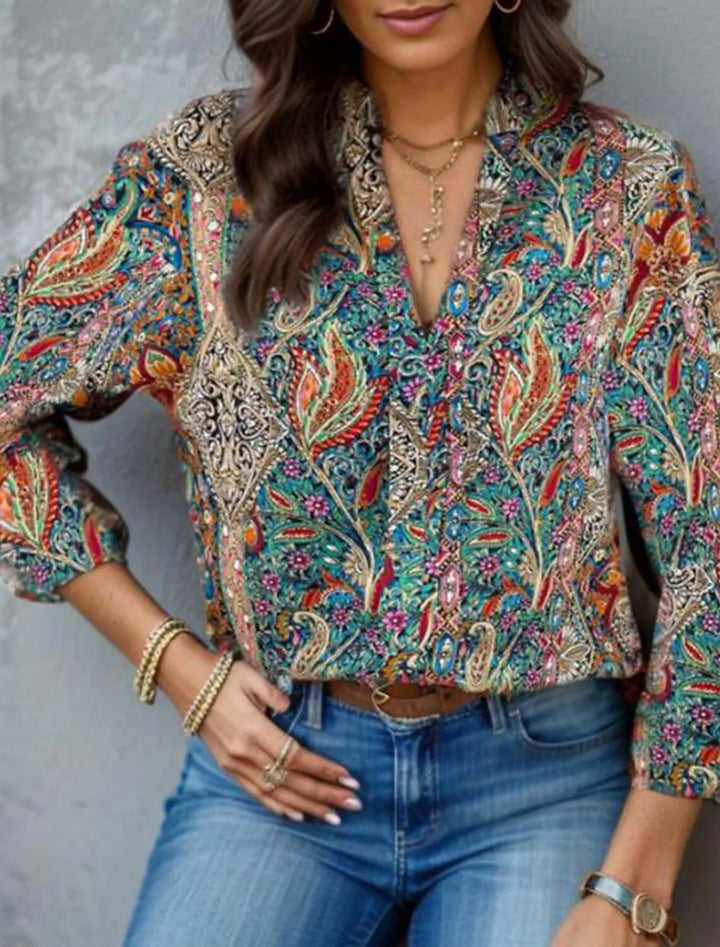 Elodie Dames Vintage Blouse – Elegante V-hals blouse met moderne kraag en stijlvolle print