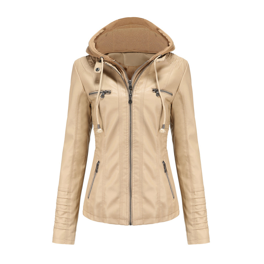 Barbara | Licht getailleerd PU leren herfstjack voor dames met afneembare capuchon en dubbele ritssluiting
