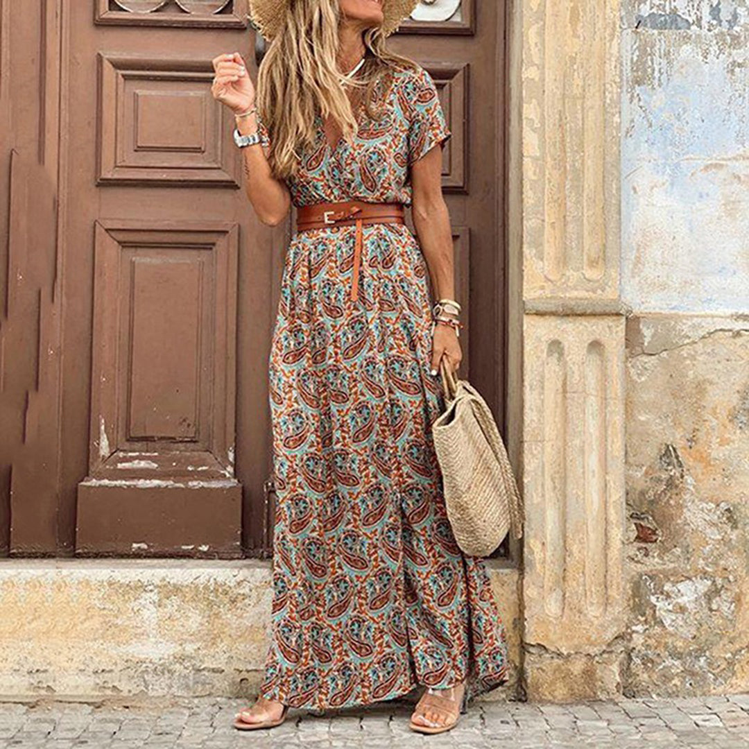 Boho maxi zomerjurk met V-hals en strikceintuur