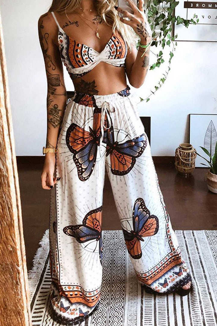Noëlle – Two-Piece Set met Vlinderprint en Gedraaide Crop Top
