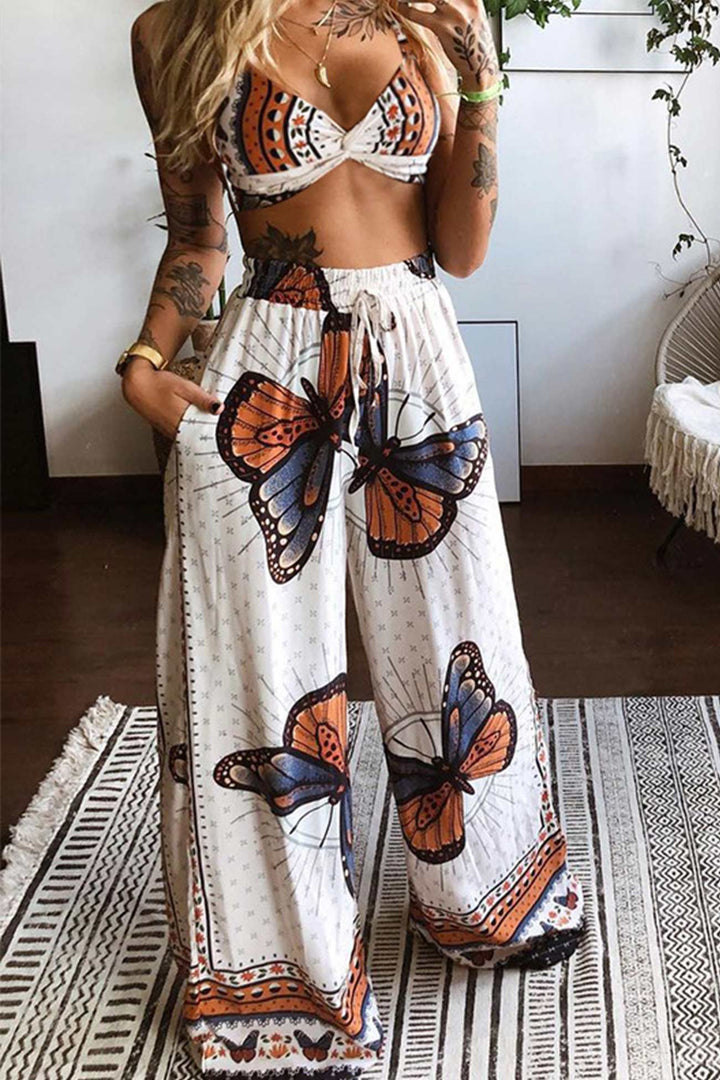 Noëlle – Two-Piece Set met Vlinderprint en Gedraaide Crop Top