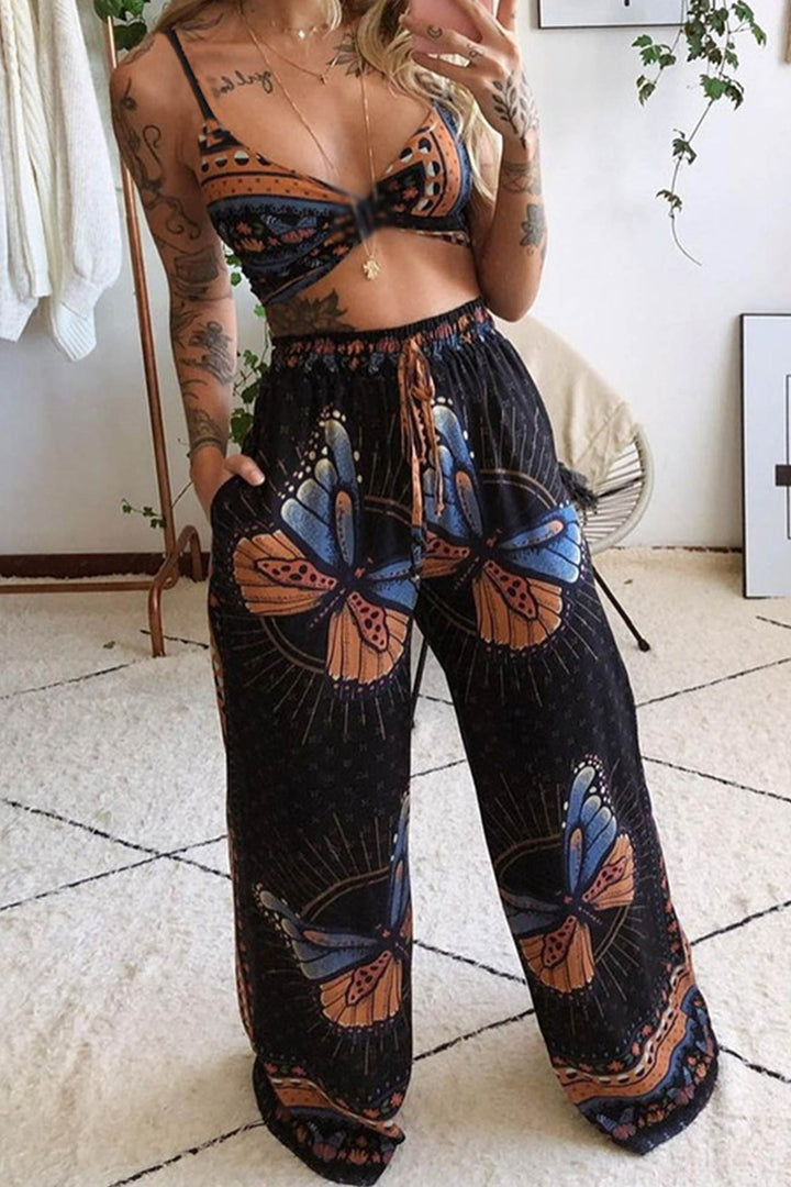 Noëlle – Two-Piece Set met Vlinderprint en Gedraaide Crop Top