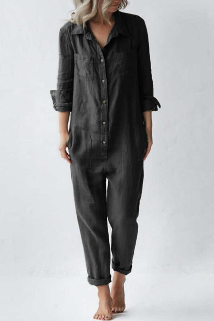 Romy – Katoenen Jumpsuit met Lange Mouwen en Knoopsluiting
